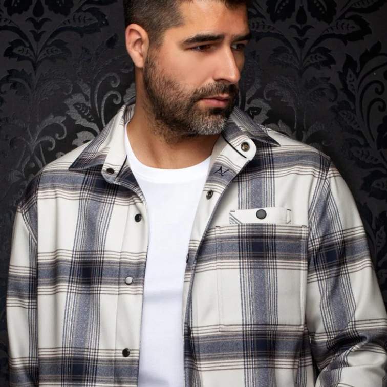 male model showcasing a grey and white check shirt over a plain white t-shirt